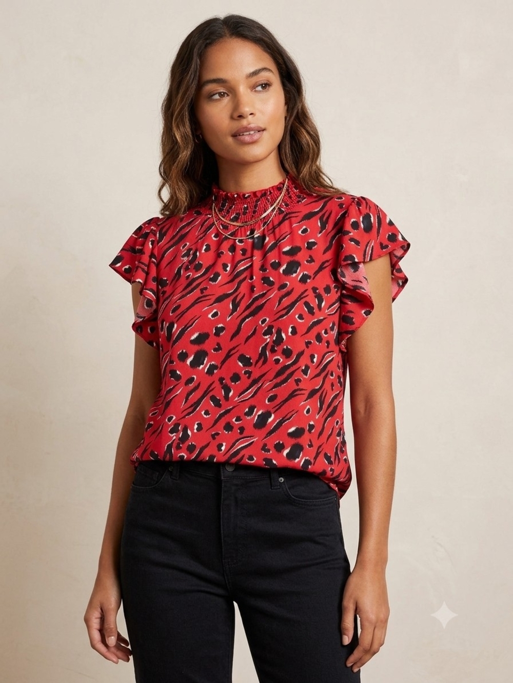 THML Red Animal-Print Flutter Sleeve Blouse